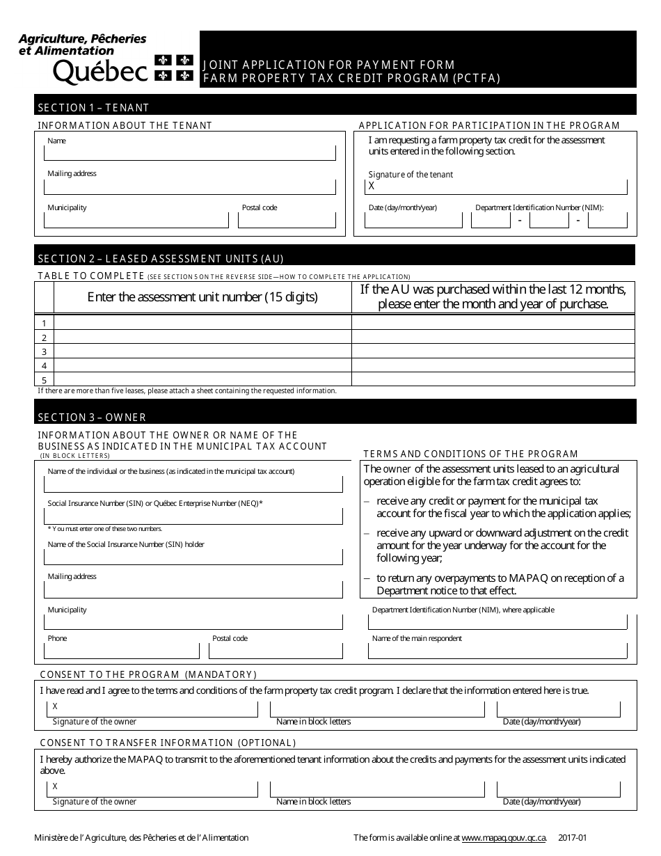 Quebec Canada Joint Application for Payment Form Farm Property Tax