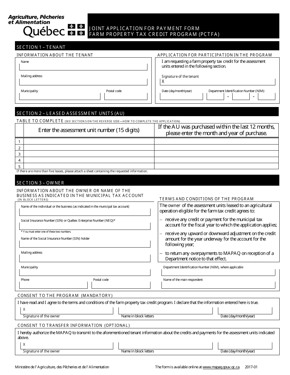 Joint Application for Payment Form Farm Property Tax Credit Program (Pctfa) - Quebec, Canada, Page 1