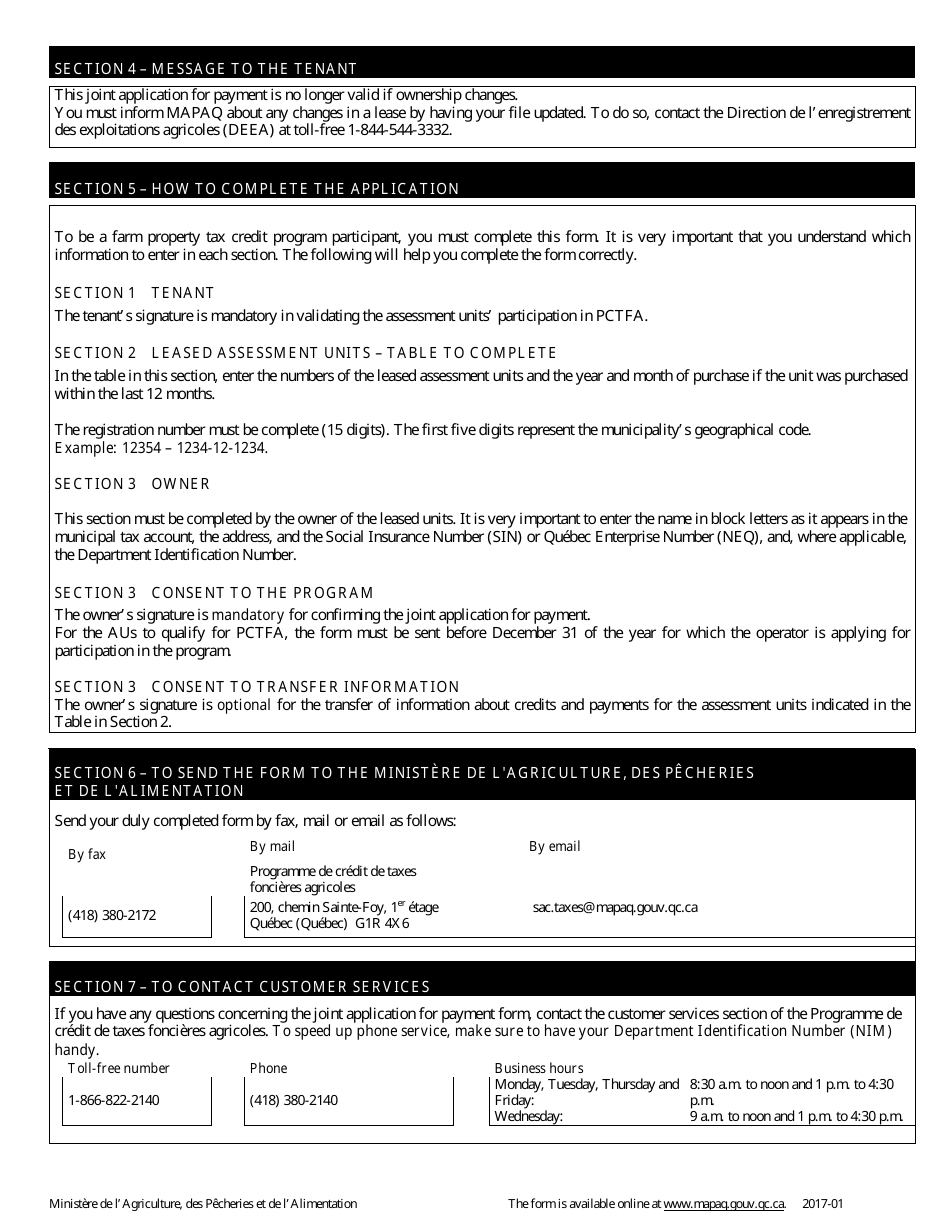 Quebec Canada Joint Application for Payment Form Farm Property Tax