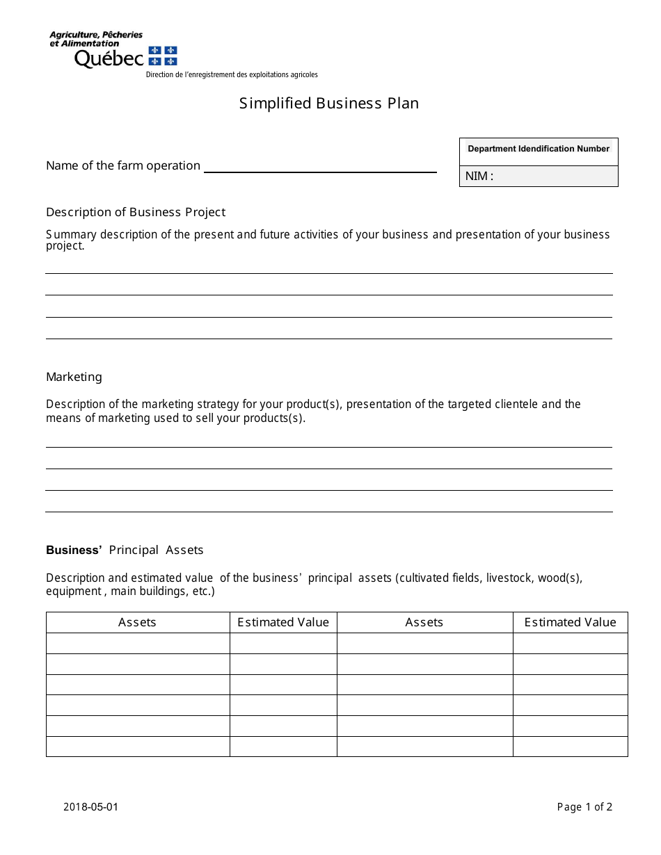 Simplified Business Plan - Quebec, Canada, Page 1