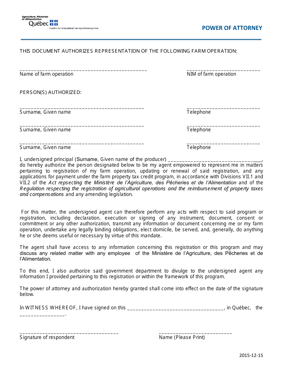 Quebec Canada Power of Attorney - Fill Out, Sign Online and Download