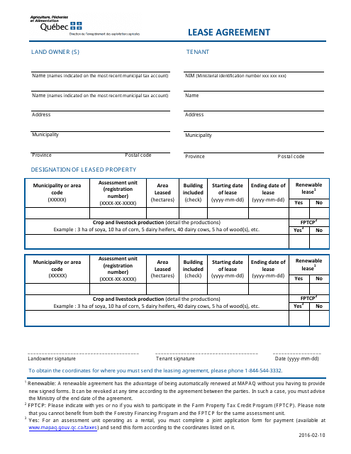 Lease Agreement - Quebec, Canada Download Pdf