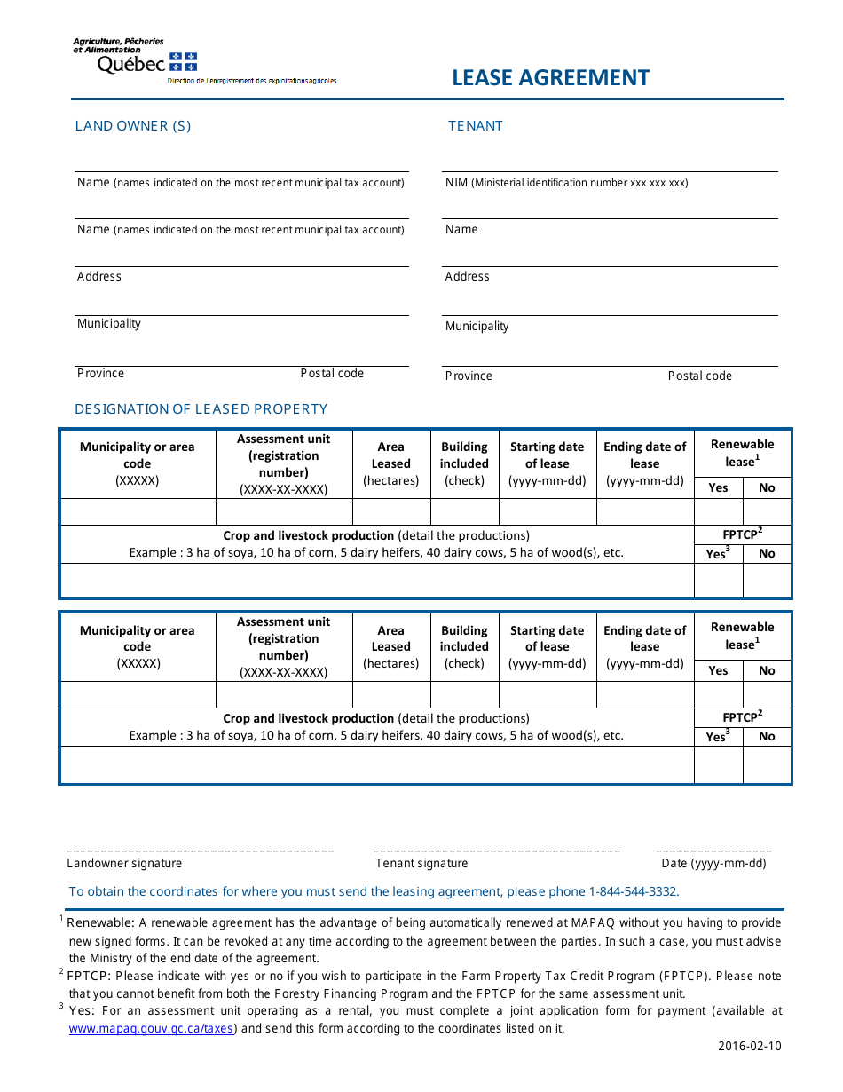 Lease Agreement - Quebec, Canada, Page 1