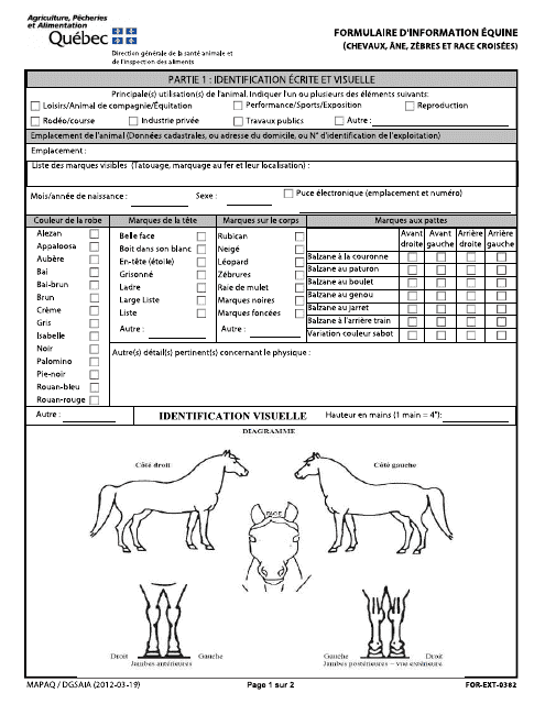 Forme FOR-EXT-0382 Formulaire D'information Equine (Chevaux, Ane, Zebres Et Race Croisees) - Quebec, Canada (French)