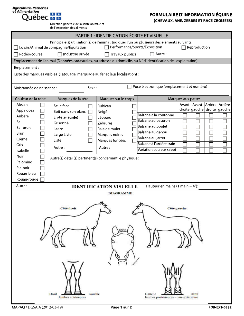 Forme FOR-EXT-0382 Formulaire Dinformation Equine (Chevaux, Ane, Zebres Et Race Croisees) - Quebec, Canada (French), Page 1