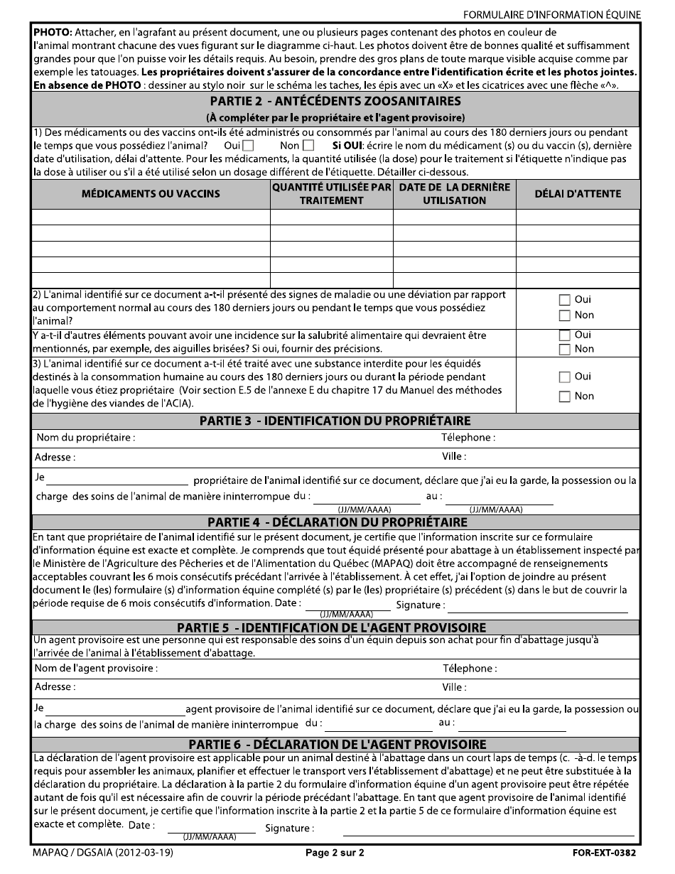 Forme FOR-EXT-0382 Formulaire Dinformation Equine (Chevaux, Ane, Zebres Et Race Croisees) - Quebec, Canada (French), Page 2