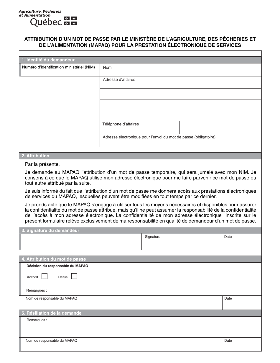Attribution Dun Mot De Passe Par Le Mapaq Pour La Prestation Electronique De Services - Quebec, Canada (French), Page 1