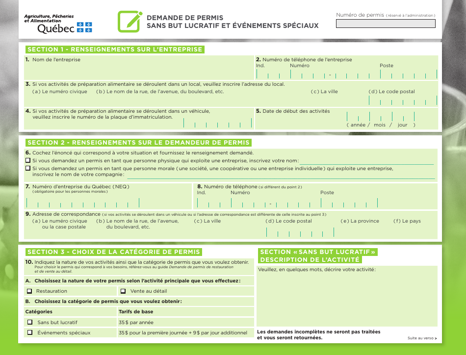 Demande De Permis Sans but Lucratif Et Evenements Speciaux - Quebec, Canada (French), Page 2