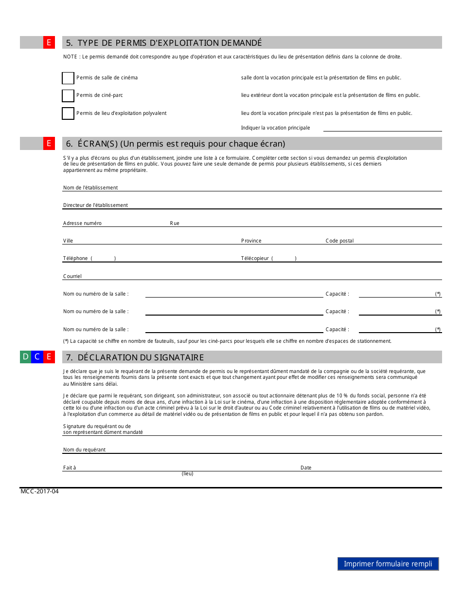Demande De Permis General De Distributeur, De Commercant Au Detail Ou Dexploitation De Lieu De Presentation De Films En Public - Quebec, Canada (French), Page 2