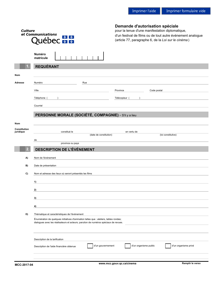 Demande Dautorisation Speciale - Quebec, Canada (French), Page 1
