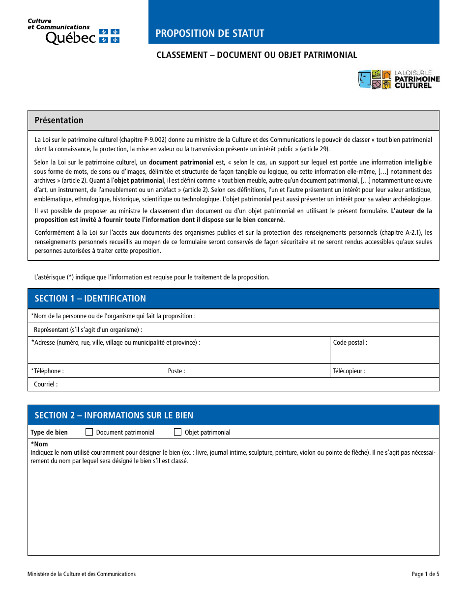 Proposition De Statut Classement - Document Ou Objet Patrimonial - Quebec, Canada (French), Page 1