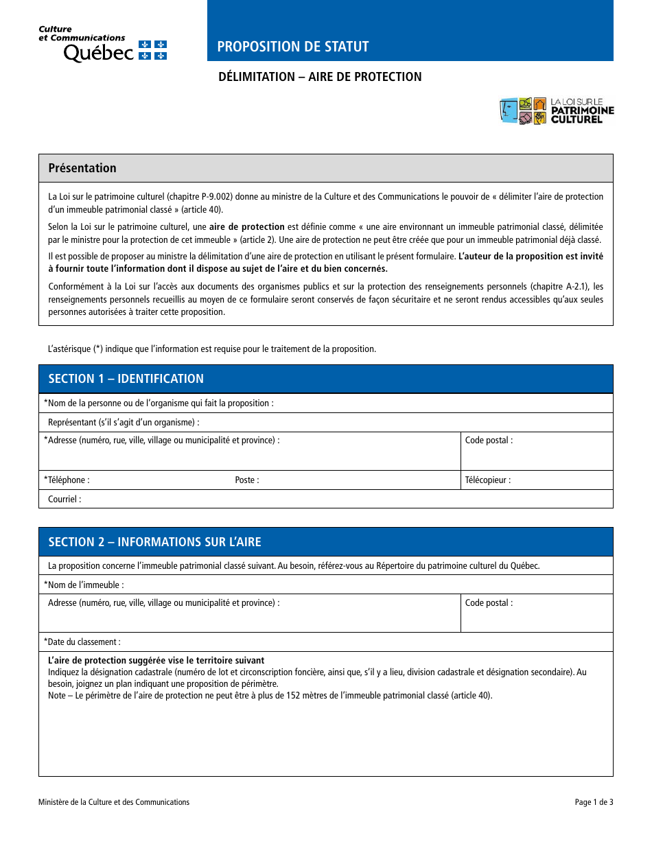 Proposition De Statut Delimitation - Aire De Protection - Quebec, Canada (French), Page 1