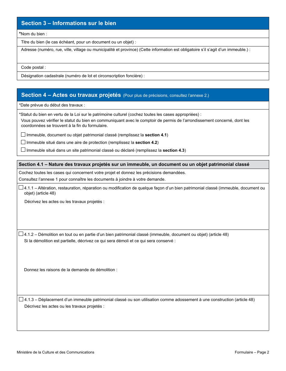 Demande Dautorisation  Travaux  Bien Patrimonial Classe Ou Immeuble Situe Dans Un Site Patrimonial Classe Ou Declare Ou Dans Une Aire De Protection Dans La Ville De Montreal - Quebec, Canada (French), Page 2