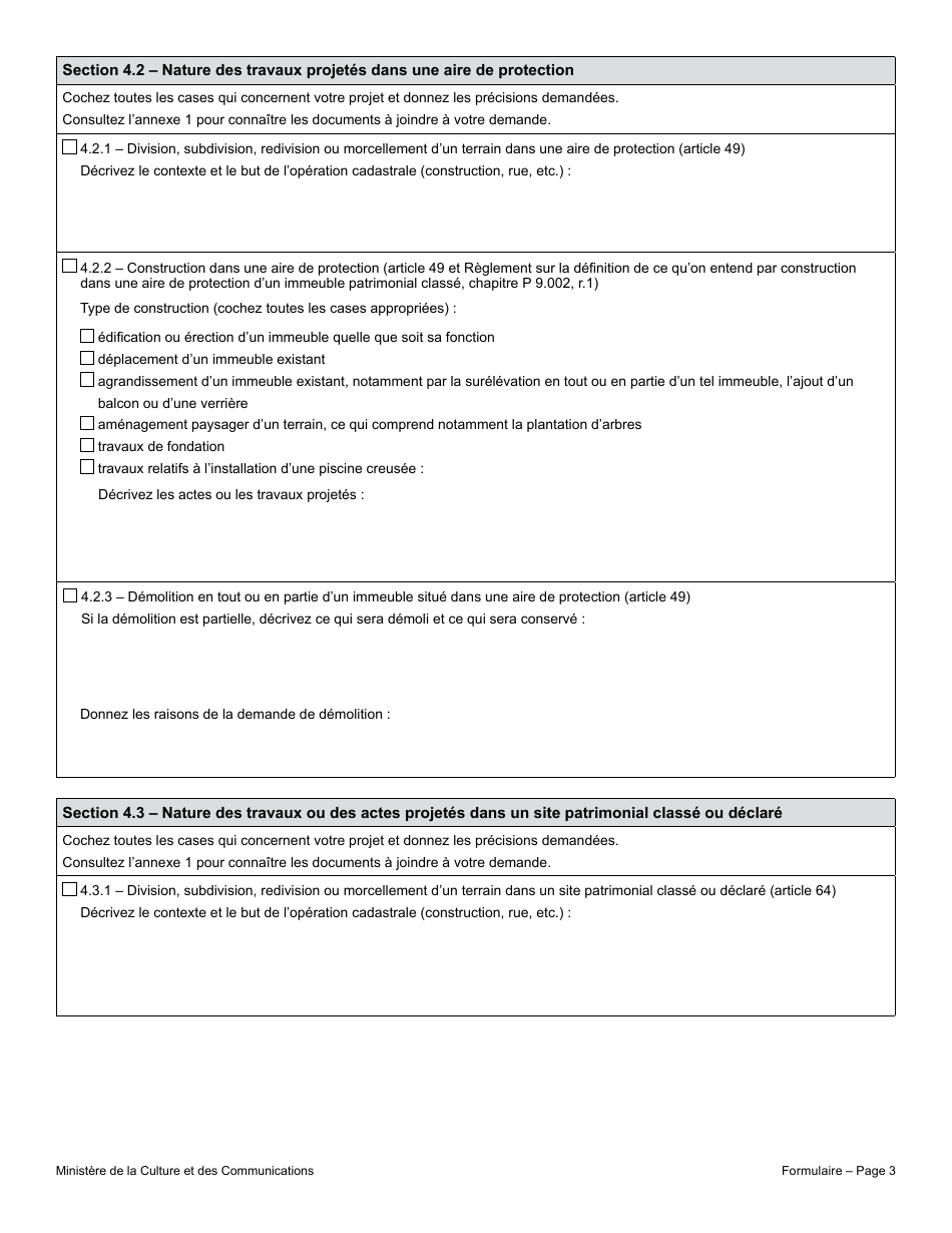 Demande Dautorisation  Travaux  Bien Patrimonial Classe Ou Immeuble Situe Dans Un Site Patrimonial Classe Ou Declare Ou Dans Une Aire De Protection Dans La Ville De Montreal - Quebec, Canada (French), Page 3
