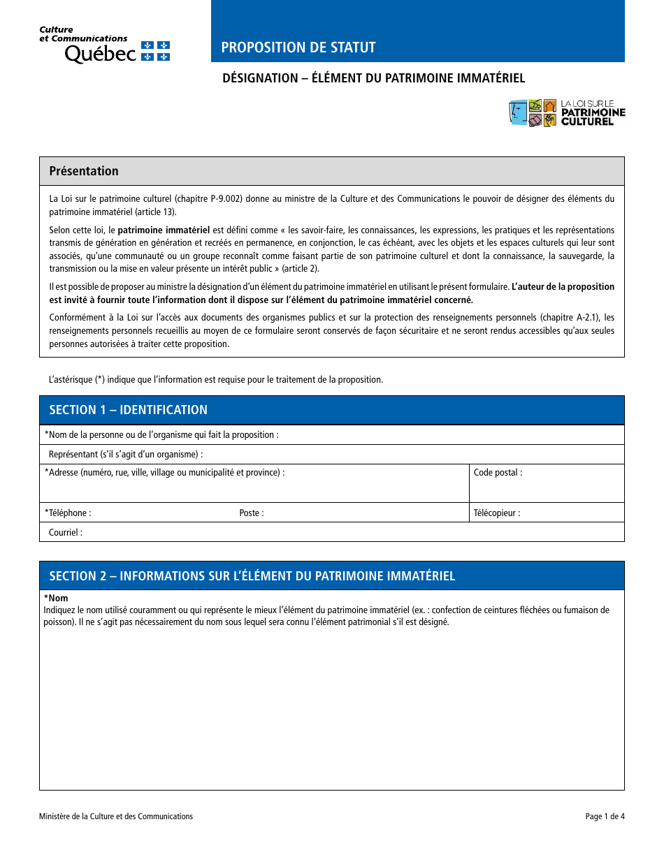 Designation - Element Du Patrimoine Immateriel - Quebec, Canada (French), Page 1