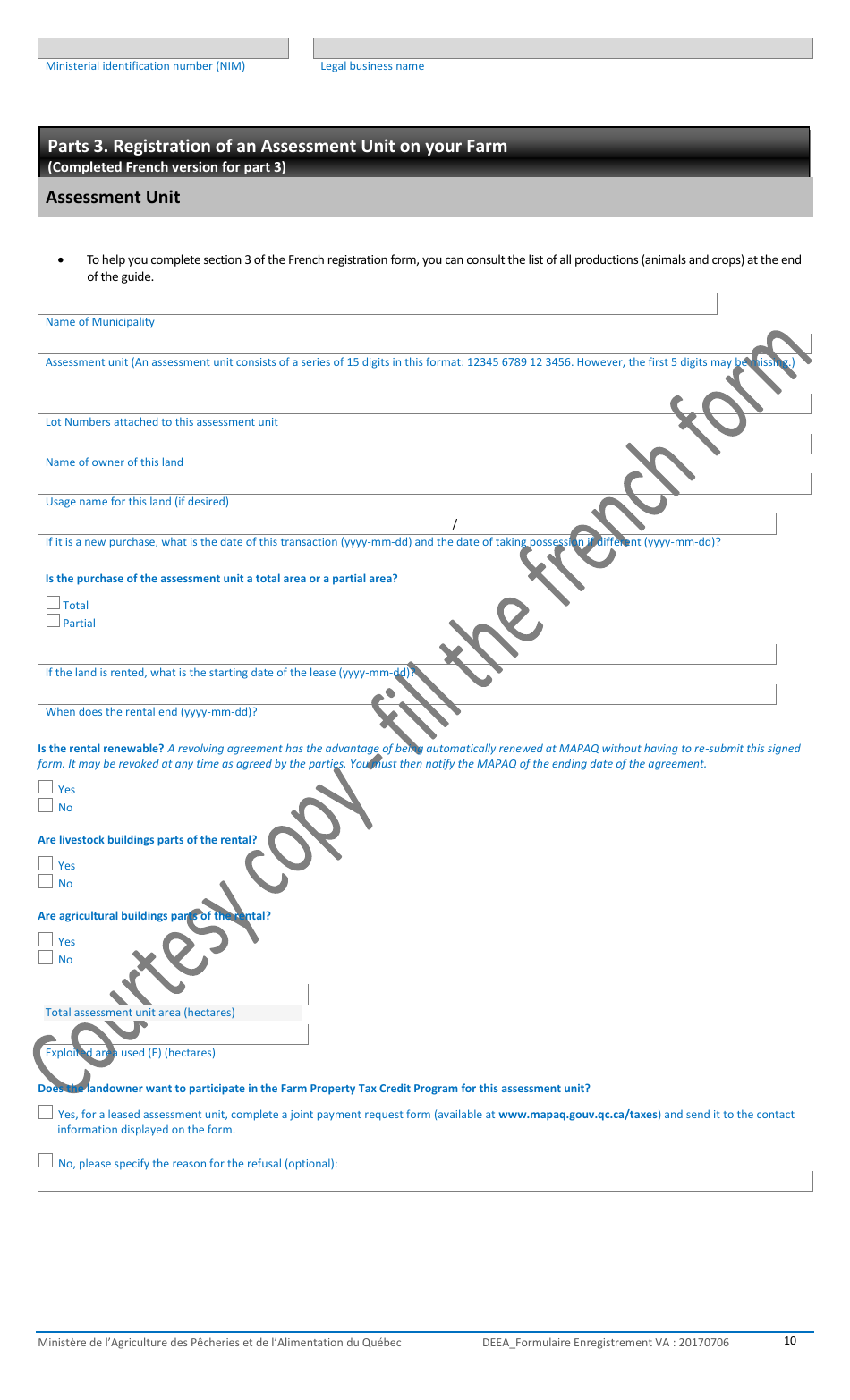 Registration Form for the Agricultural Operations With the Ministere De Lagriculture, DES Pecheries Et De Lalimentation - Quebec, Canada, Page 10