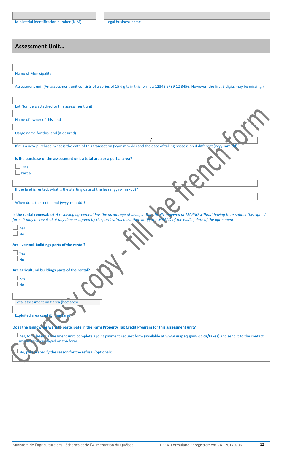 Registration Form for the Agricultural Operations With the Ministere De Lagriculture, DES Pecheries Et De Lalimentation - Quebec, Canada, Page 12