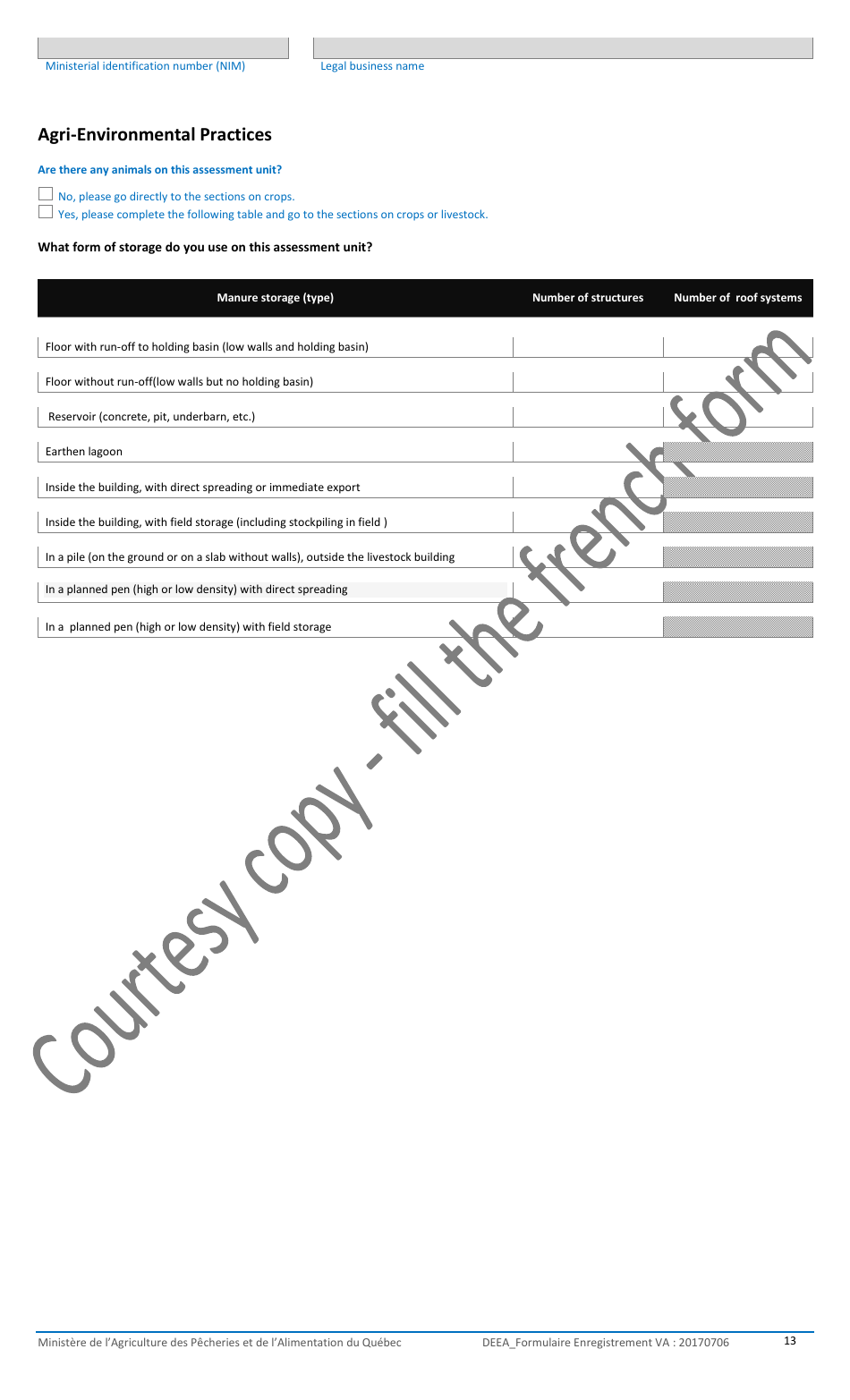 Registration Form for the Agricultural Operations With the Ministere De Lagriculture, DES Pecheries Et De Lalimentation - Quebec, Canada, Page 13