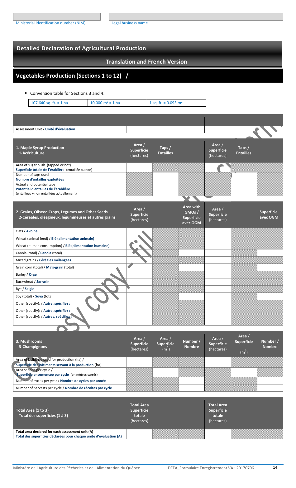 Registration Form for the Agricultural Operations With the Ministere De Lagriculture, DES Pecheries Et De Lalimentation - Quebec, Canada, Page 14