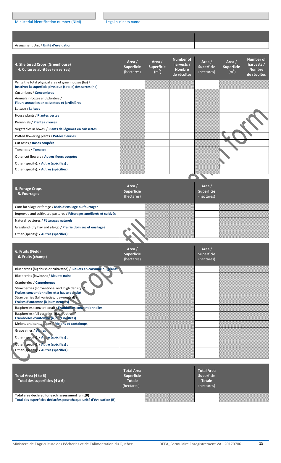 Registration Form for the Agricultural Operations With the Ministere De Lagriculture, DES Pecheries Et De Lalimentation - Quebec, Canada, Page 15