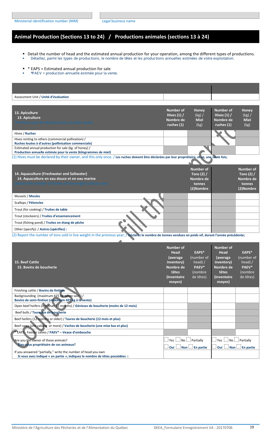 Registration Form for the Agricultural Operations With the Ministere De Lagriculture, DES Pecheries Et De Lalimentation - Quebec, Canada, Page 19