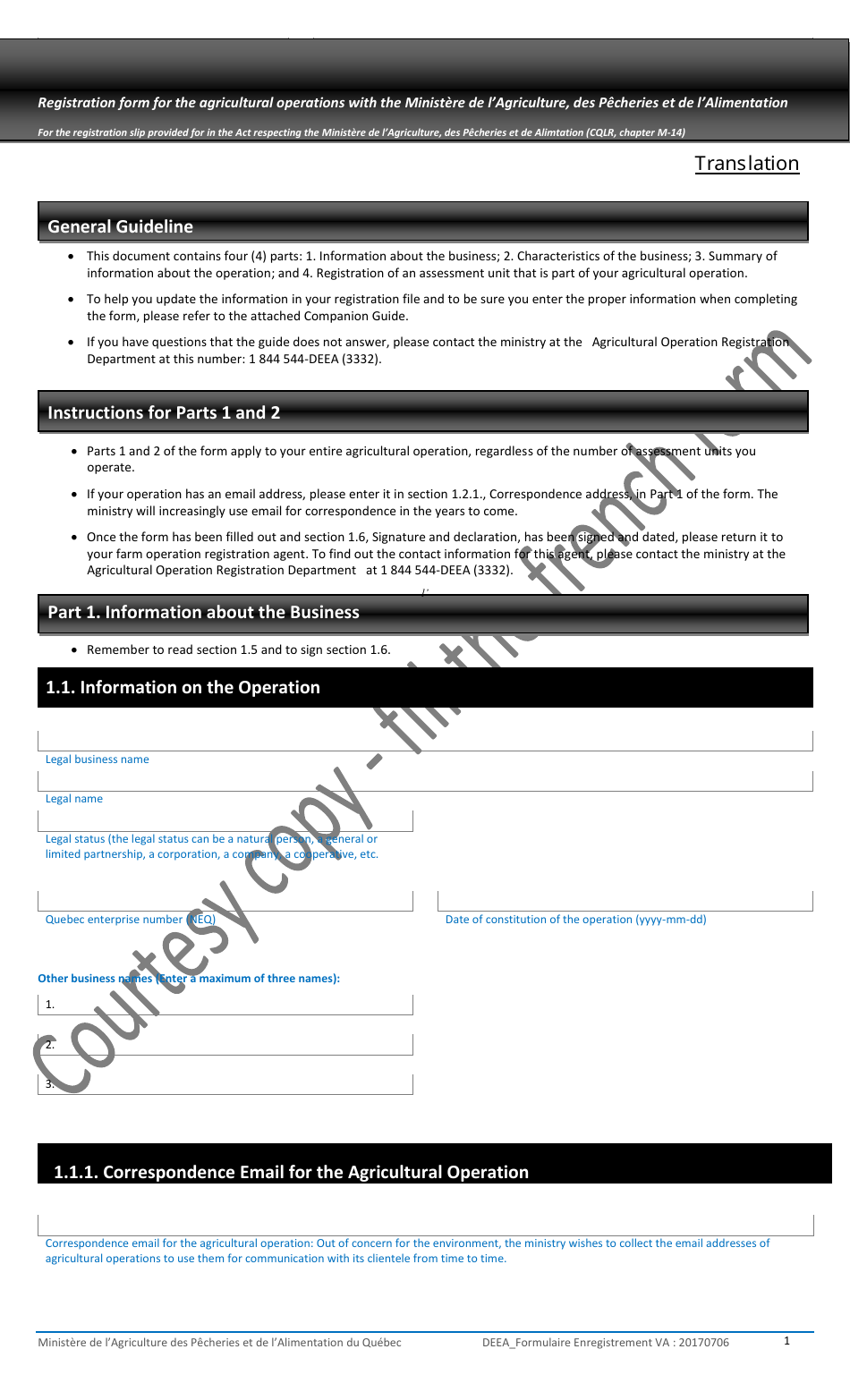 Registration Form for the Agricultural Operations With the Ministere De Lagriculture, DES Pecheries Et De Lalimentation - Quebec, Canada, Page 1