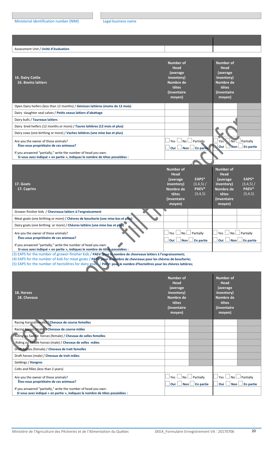 Registration Form for the Agricultural Operations With the Ministere De Lagriculture, DES Pecheries Et De Lalimentation - Quebec, Canada, Page 20