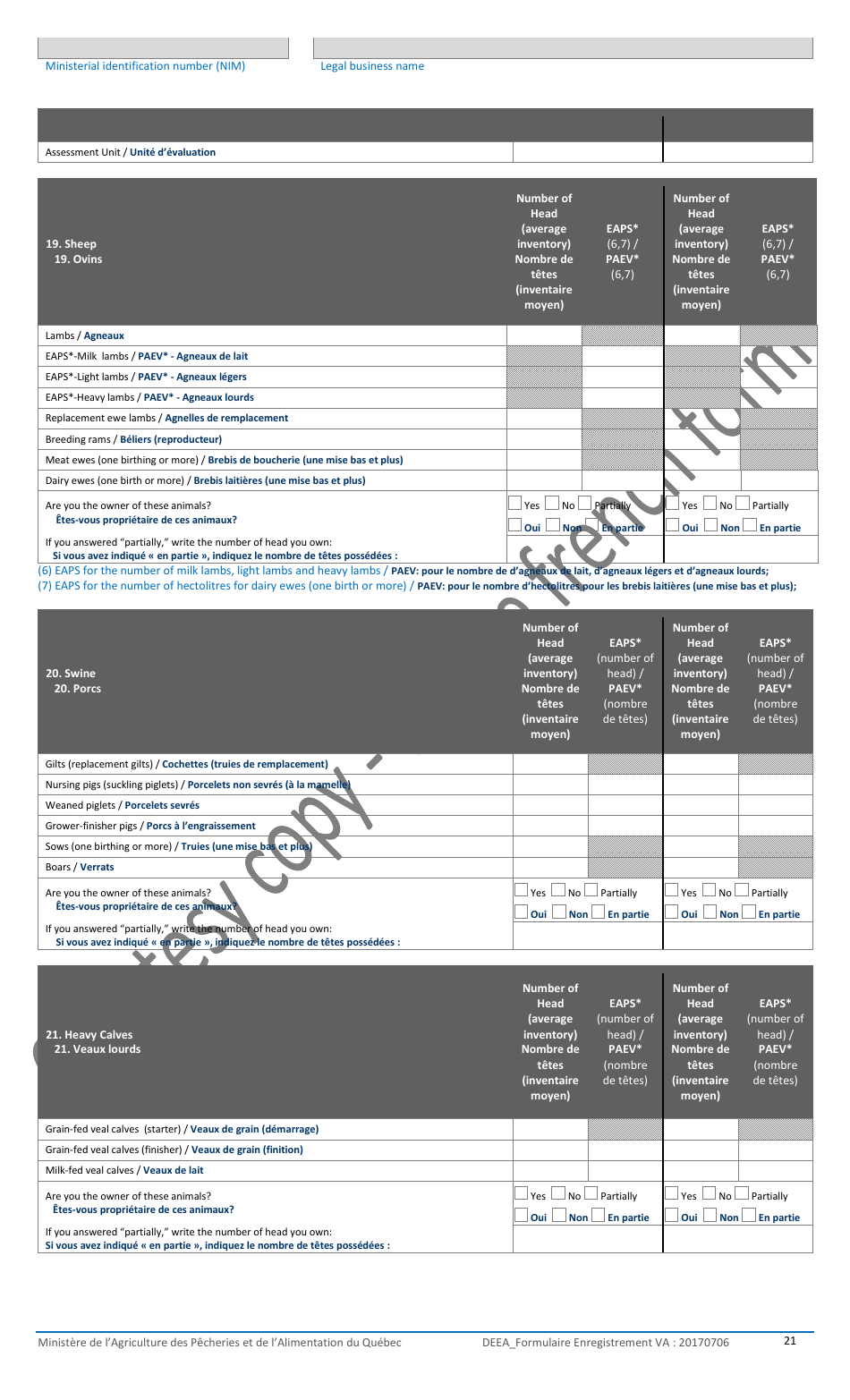 Registration Form for the Agricultural Operations With the Ministere De Lagriculture, DES Pecheries Et De Lalimentation - Quebec, Canada, Page 21