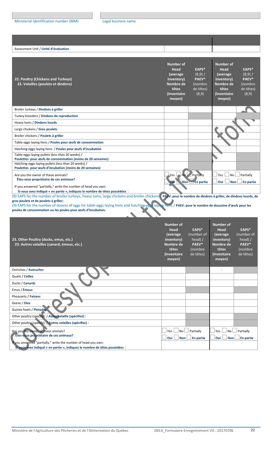 Registration Form for the Agricultural Operations With the Ministere De Lagriculture, DES Pecheries Et De Lalimentation - Quebec, Canada, Page 22