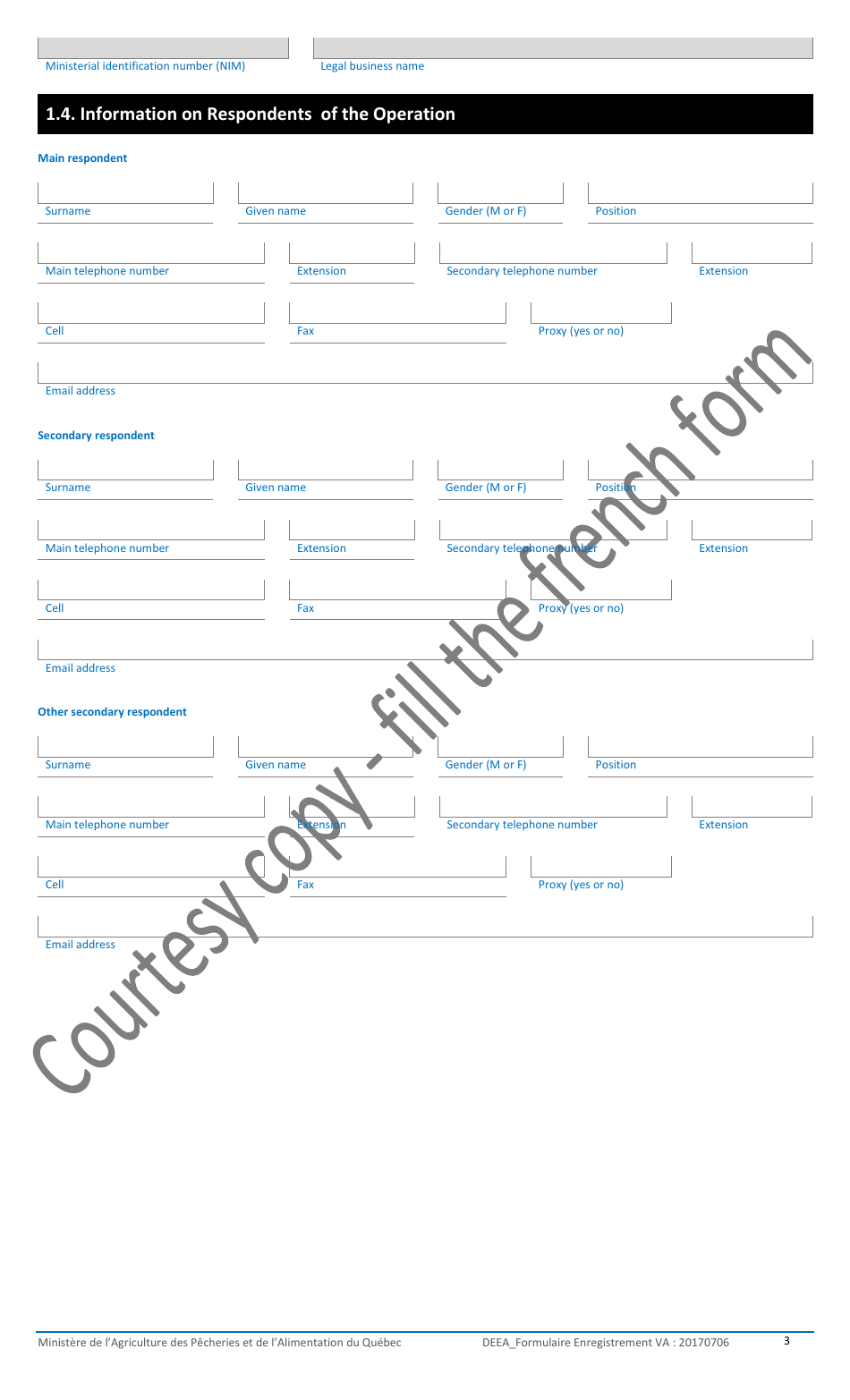 Registration Form for the Agricultural Operations With the Ministere De Lagriculture, DES Pecheries Et De Lalimentation - Quebec, Canada, Page 3