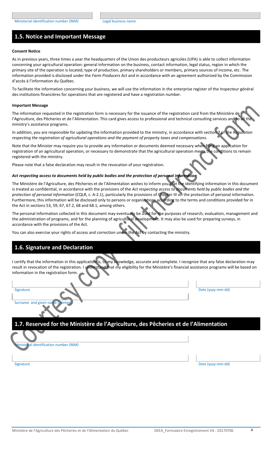 Registration Form for the Agricultural Operations With the Ministere De Lagriculture, DES Pecheries Et De Lalimentation - Quebec, Canada, Page 4
