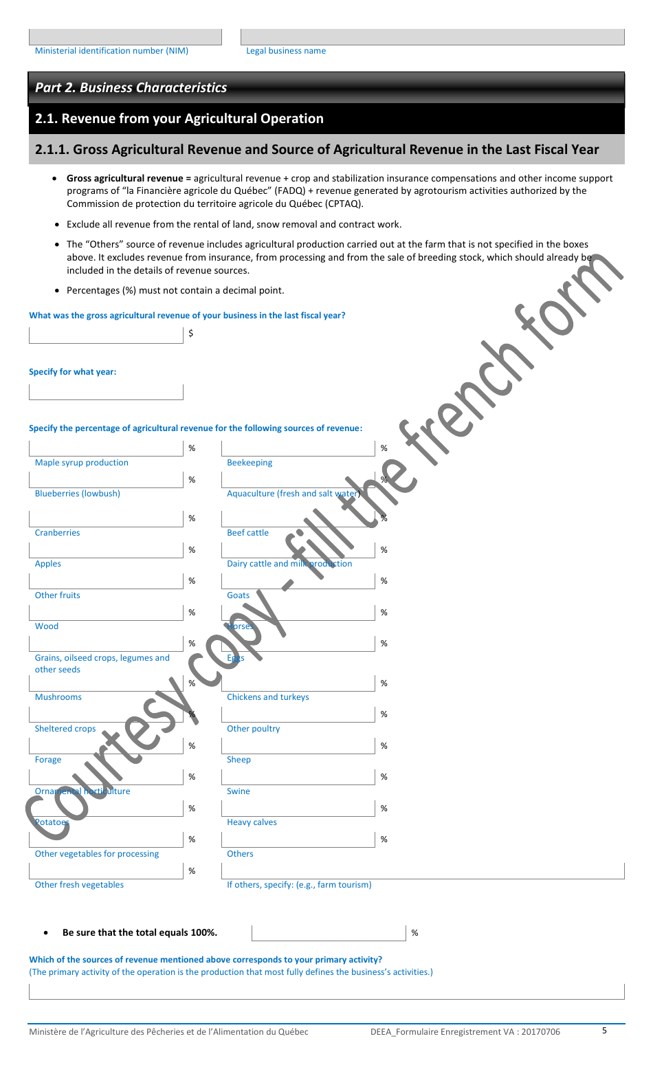 Registration Form for the Agricultural Operations With the Ministere De Lagriculture, DES Pecheries Et De Lalimentation - Quebec, Canada, Page 5