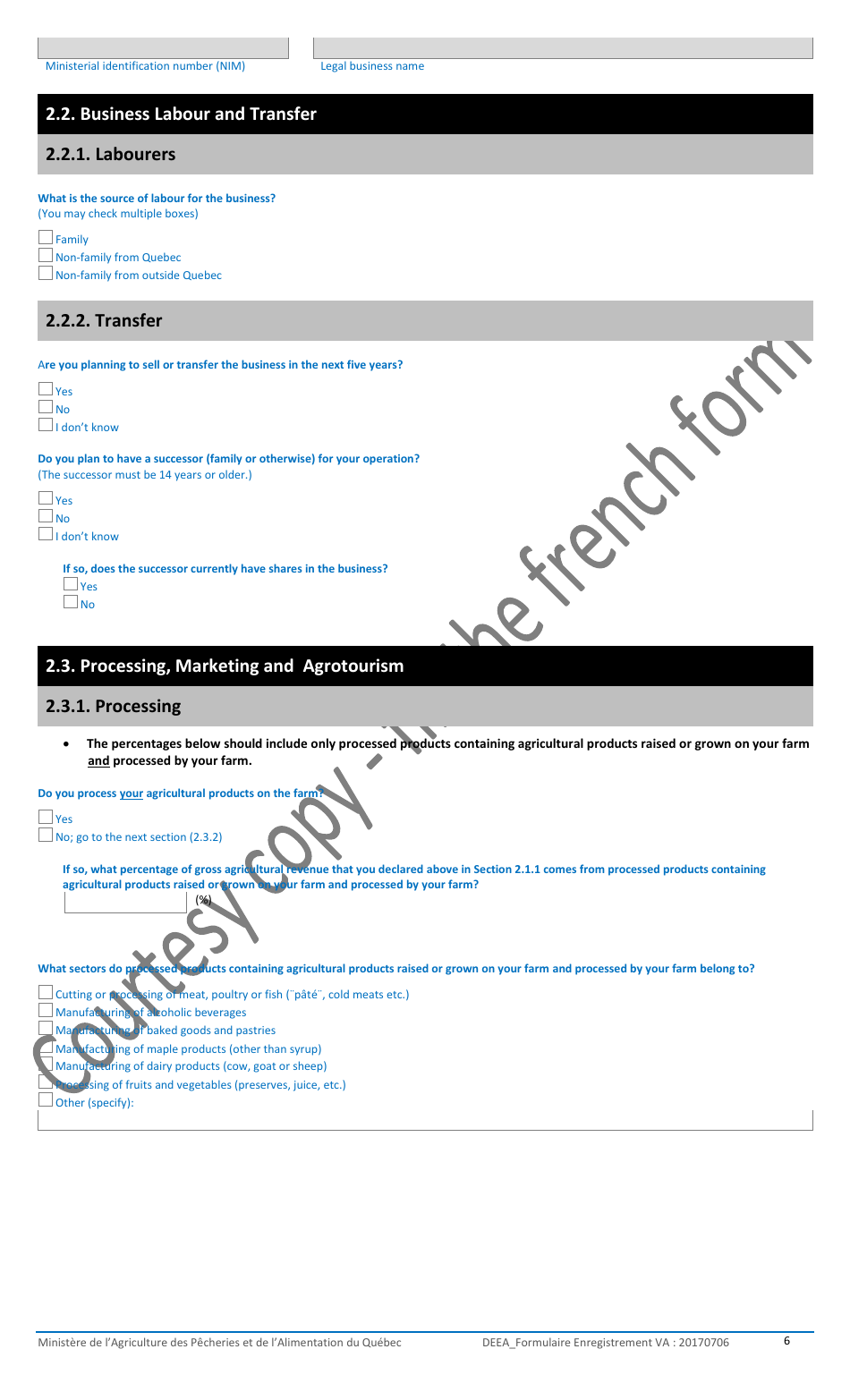 Registration Form for the Agricultural Operations With the Ministere De Lagriculture, DES Pecheries Et De Lalimentation - Quebec, Canada, Page 6