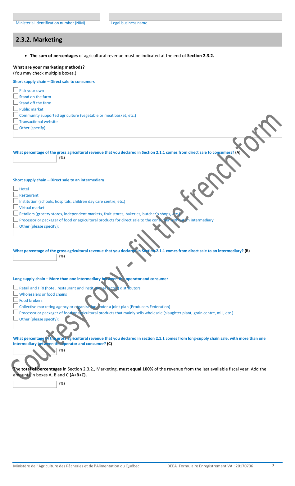 Registration Form for the Agricultural Operations With the Ministere De Lagriculture, DES Pecheries Et De Lalimentation - Quebec, Canada, Page 7