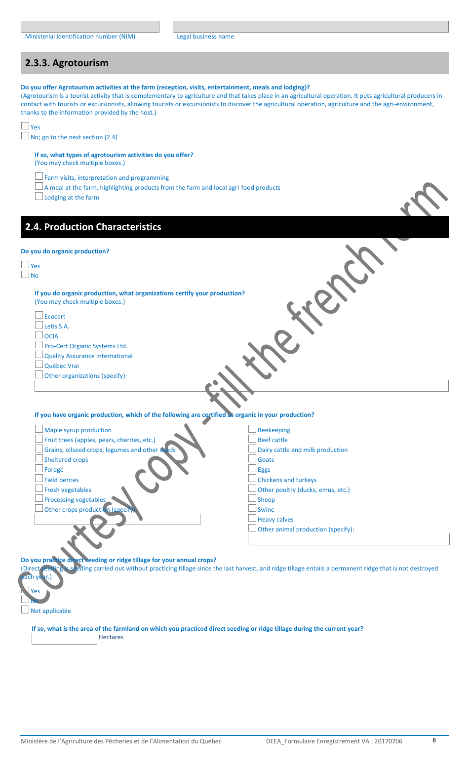 Registration Form for the Agricultural Operations With the Ministere De Lagriculture, DES Pecheries Et De Lalimentation - Quebec, Canada, Page 8