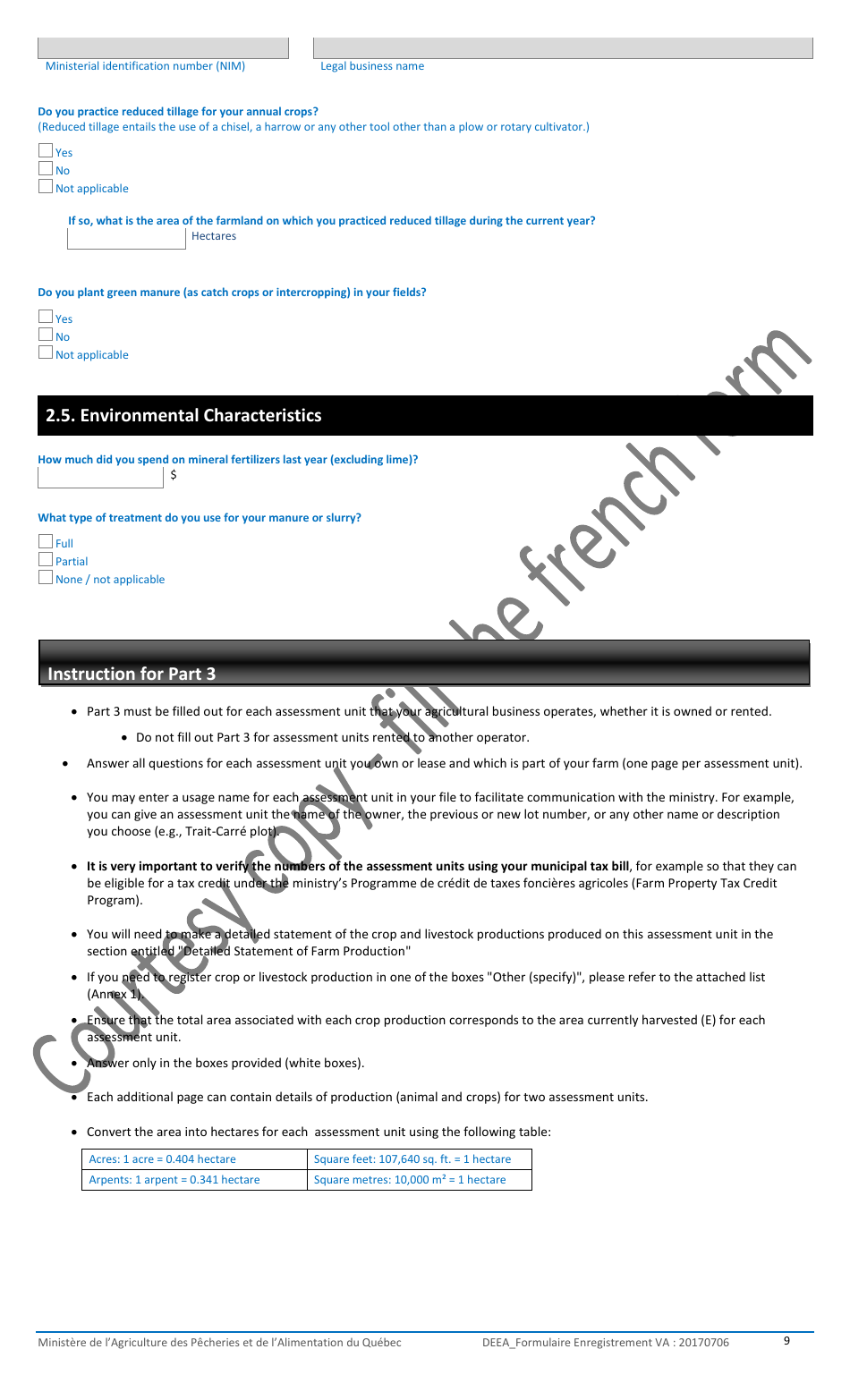 Registration Form for the Agricultural Operations With the Ministere De Lagriculture, DES Pecheries Et De Lalimentation - Quebec, Canada, Page 9