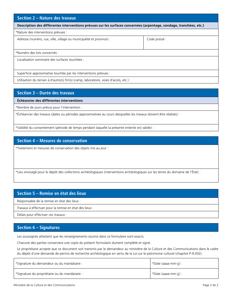 Entente Et Consentement Entre Le Demandeur Et Le Proprietaire - Recherche Archeologique - Quebec, Canada (French), Page 2