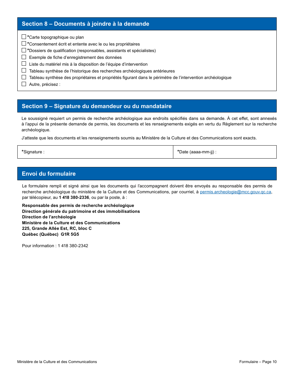 Demande De Permis - Recherche Archeologique - Quebec, Canada (French), Page 10