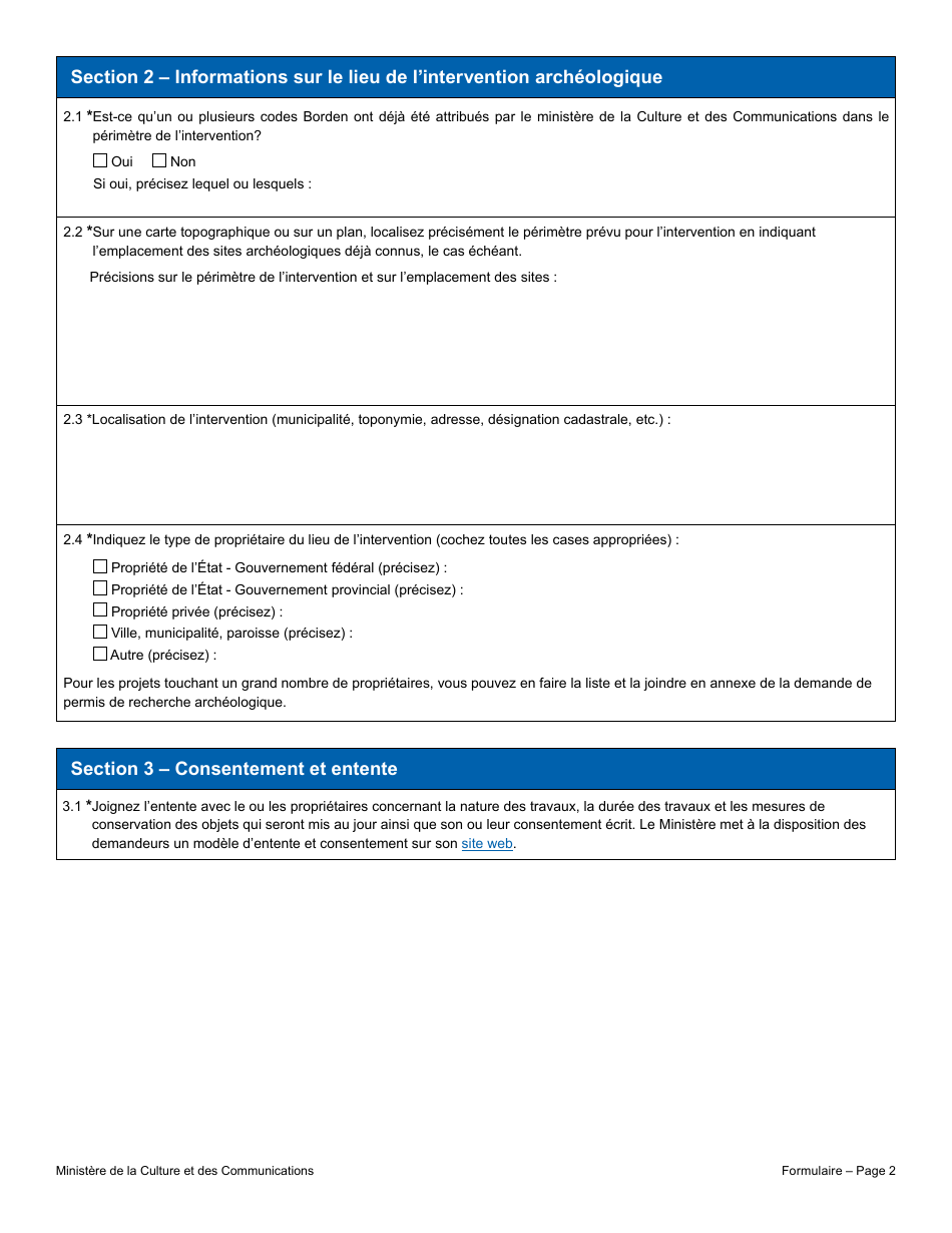 Demande De Permis - Recherche Archeologique - Quebec, Canada (French), Page 2