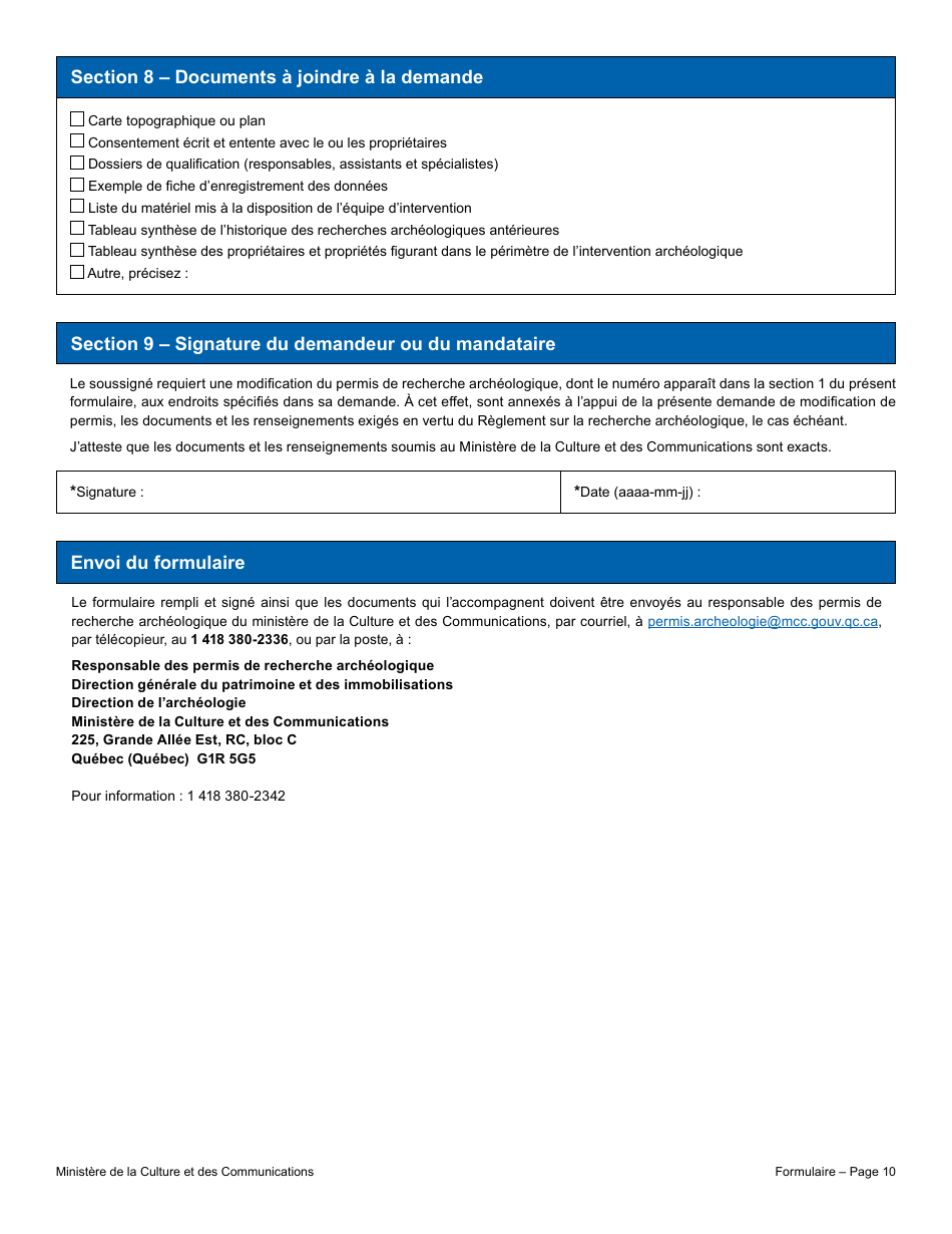 Demande De Modification De Permis - Recherche Archeologique - Quebec, Canada (French), Page 10
