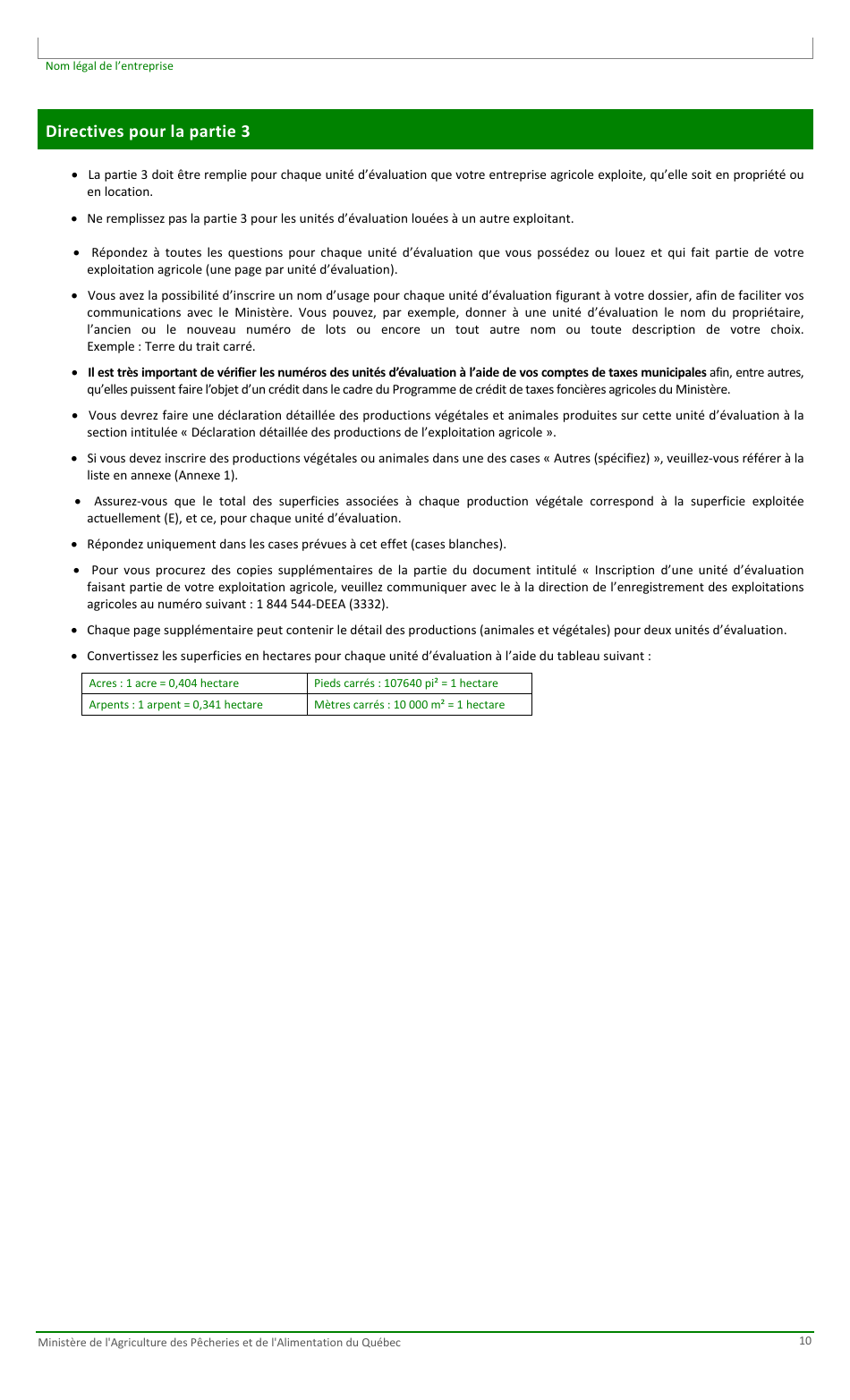 Formulaire Pour La Fiche Denregistrement Dune Exploitation Agricole Au Ministere De Lagriculture, DES Pecheries Et De Lalimentation - Quebec, Canada (French), Page 10