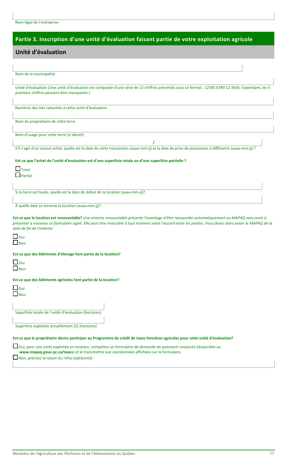 Formulaire Pour La Fiche Denregistrement Dune Exploitation Agricole Au Ministere De Lagriculture, DES Pecheries Et De Lalimentation - Quebec, Canada (French), Page 11