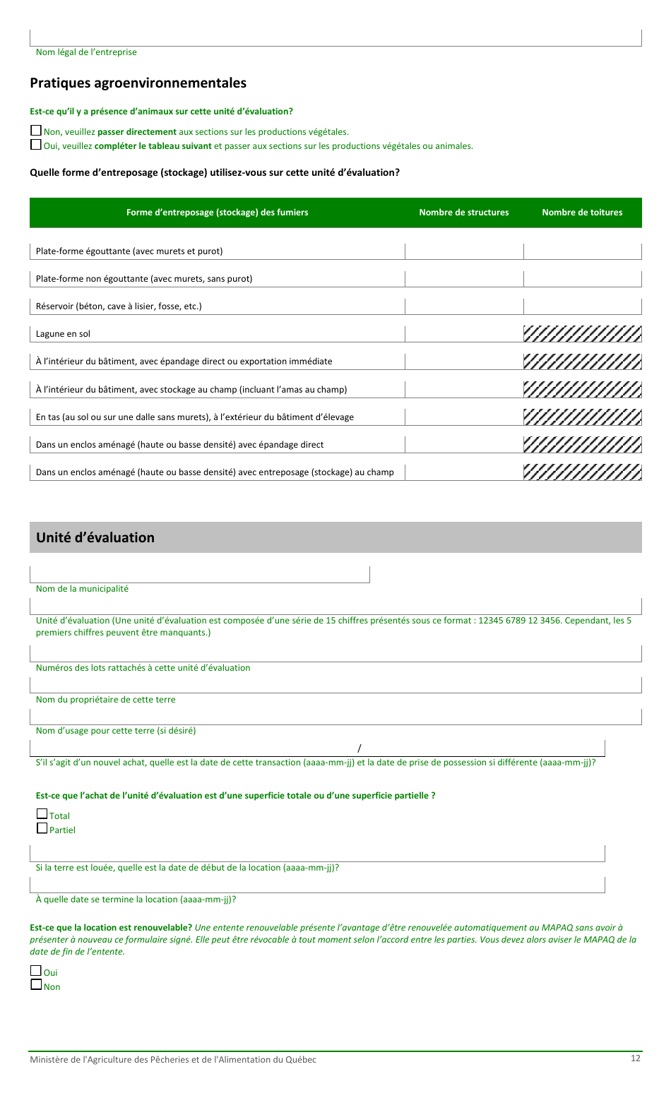 Formulaire Pour La Fiche Denregistrement Dune Exploitation Agricole Au Ministere De Lagriculture, DES Pecheries Et De Lalimentation - Quebec, Canada (French), Page 12