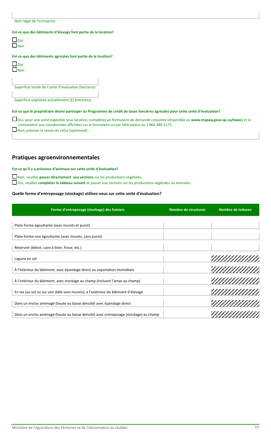 Formulaire Pour La Fiche Denregistrement Dune Exploitation Agricole Au Ministere De Lagriculture, DES Pecheries Et De Lalimentation - Quebec, Canada (French), Page 13