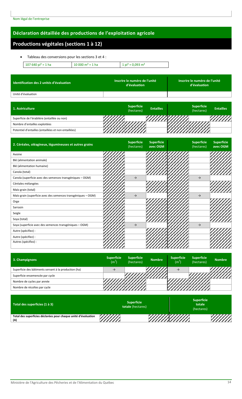 Formulaire Pour La Fiche Denregistrement Dune Exploitation Agricole Au Ministere De Lagriculture, DES Pecheries Et De Lalimentation - Quebec, Canada (French), Page 14