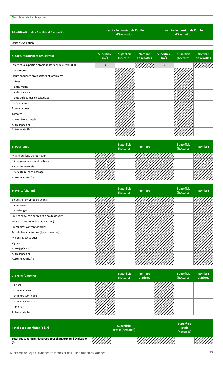 Formulaire Pour La Fiche Denregistrement Dune Exploitation Agricole Au Ministere De Lagriculture, DES Pecheries Et De Lalimentation - Quebec, Canada (French), Page 15