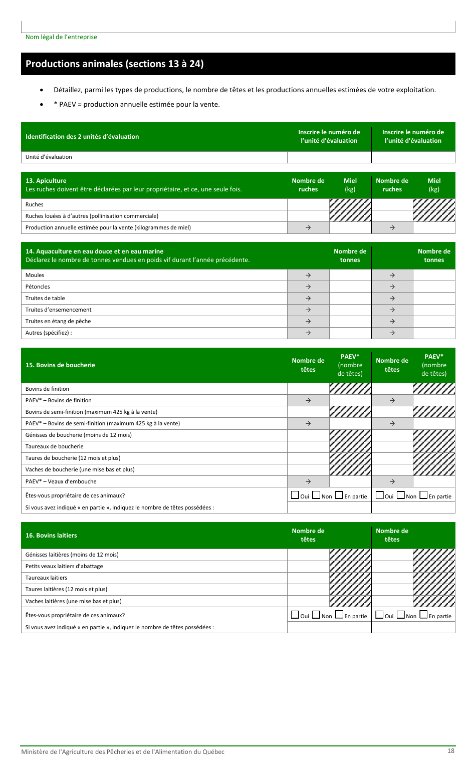 Formulaire Pour La Fiche Denregistrement Dune Exploitation Agricole Au Ministere De Lagriculture, DES Pecheries Et De Lalimentation - Quebec, Canada (French), Page 18
