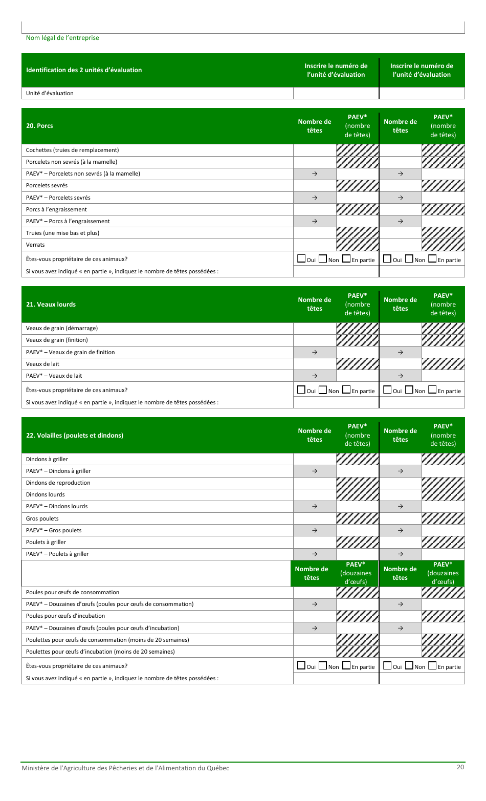 Formulaire Pour La Fiche Denregistrement Dune Exploitation Agricole Au Ministere De Lagriculture, DES Pecheries Et De Lalimentation - Quebec, Canada (French), Page 20