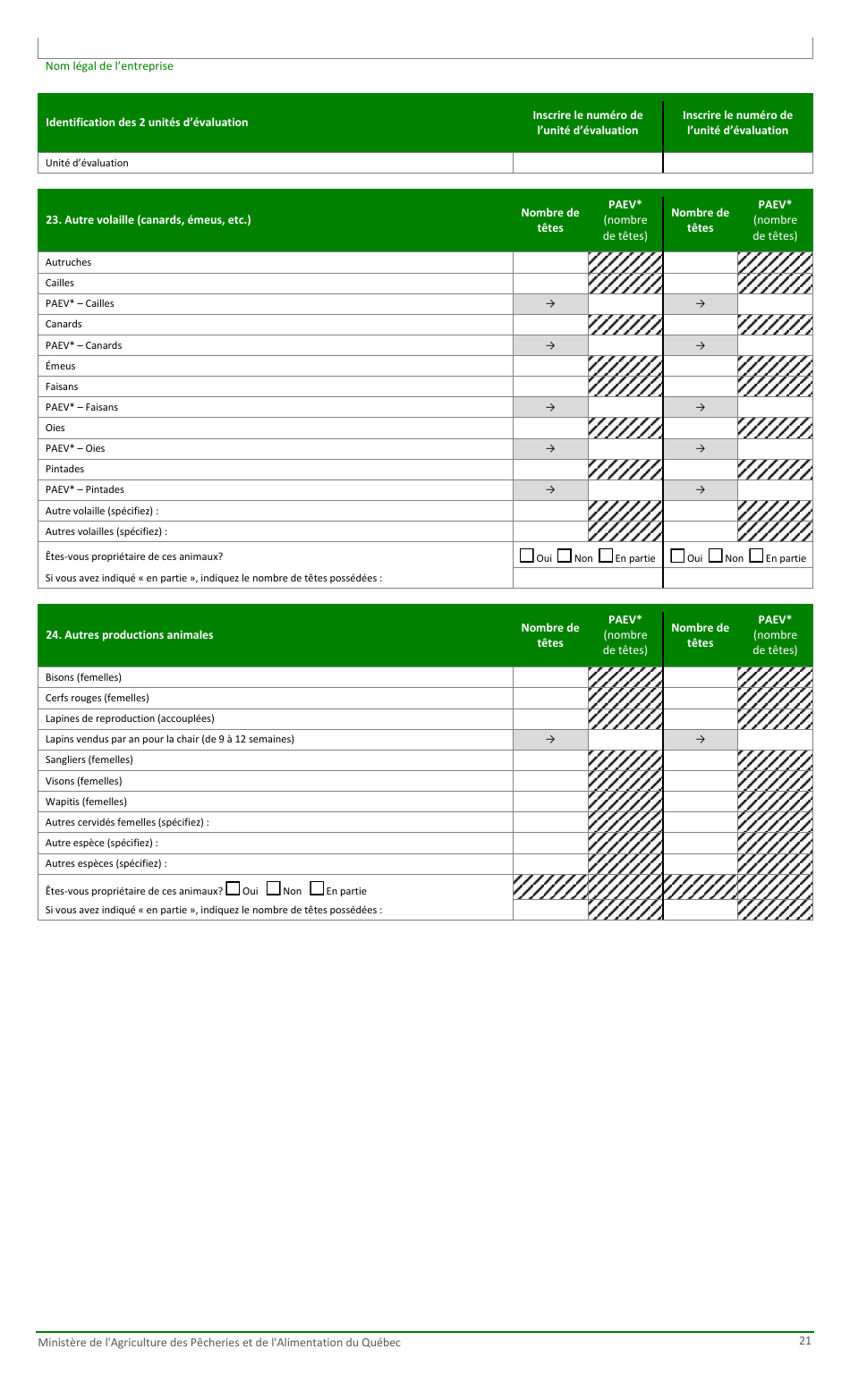Formulaire Pour La Fiche Denregistrement Dune Exploitation Agricole Au Ministere De Lagriculture, DES Pecheries Et De Lalimentation - Quebec, Canada (French), Page 21