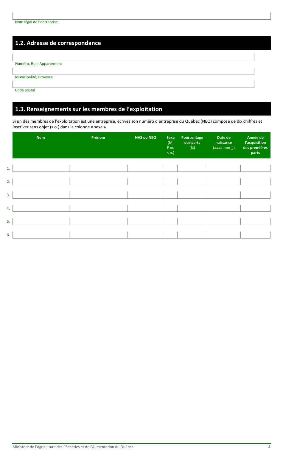 Formulaire Pour La Fiche Denregistrement Dune Exploitation Agricole Au Ministere De Lagriculture, DES Pecheries Et De Lalimentation - Quebec, Canada (French), Page 2